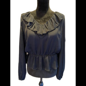 14th & Union Womens Blouse Black Sz Large Top Ruffle Neckline Hem Satin Feel Top